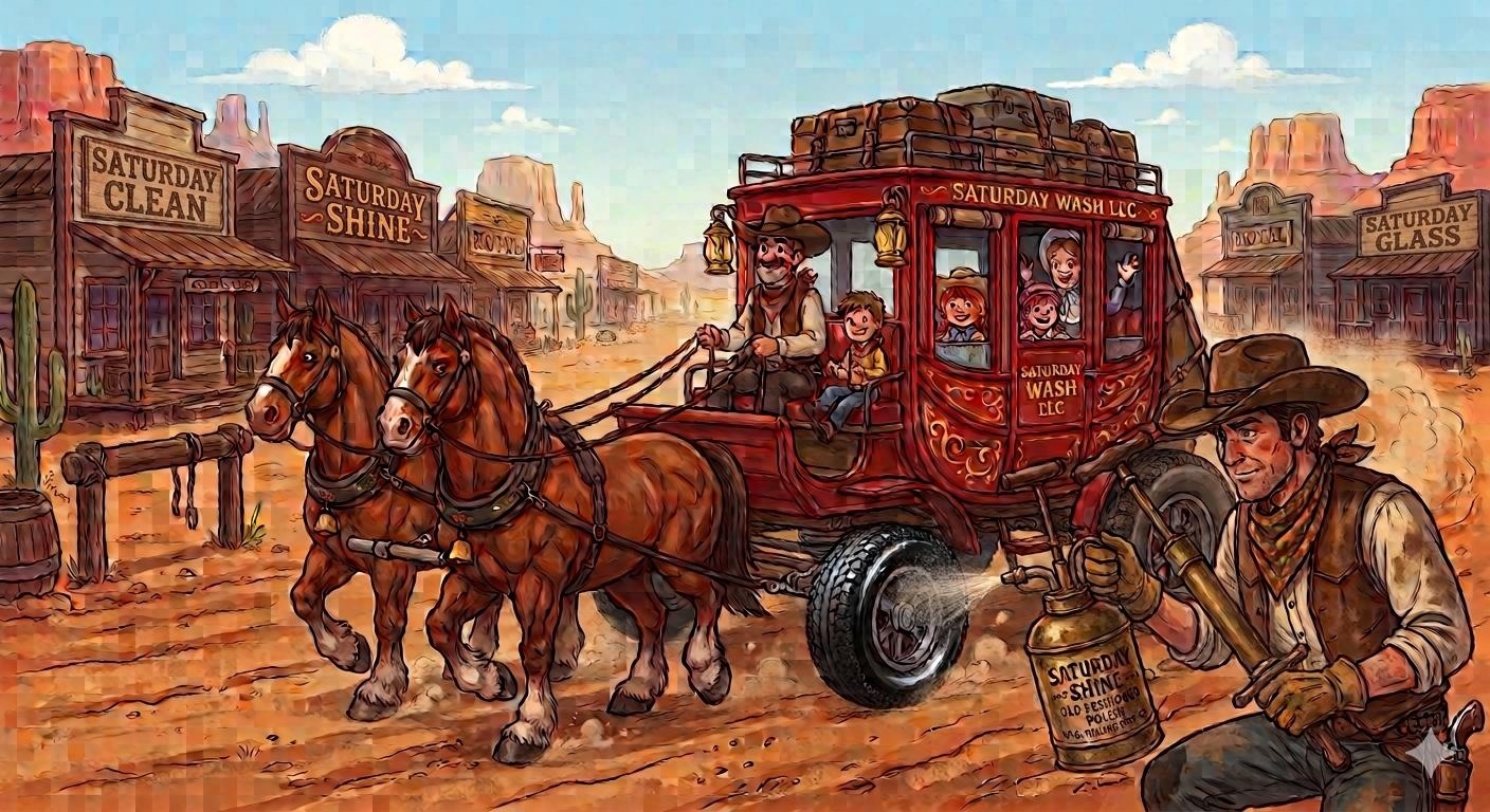Saturday Wash stagecoach illustration used as the reference for the brand's art direction.