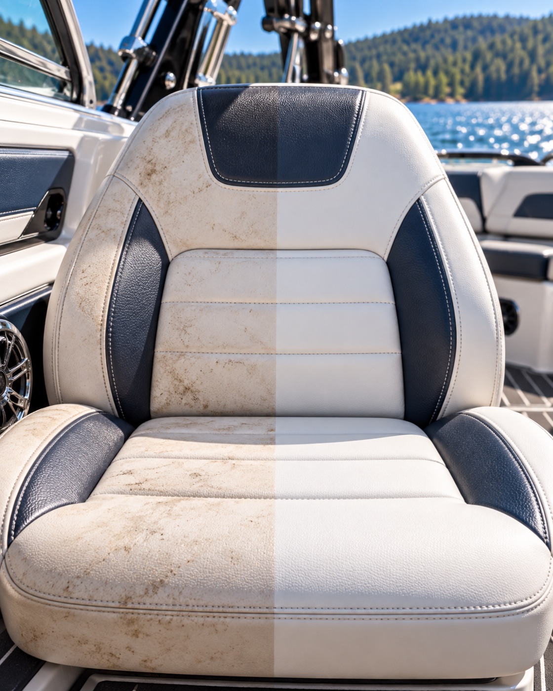 A boat seat split down the middle: grimy and stained on the left, white and clean on the right.
