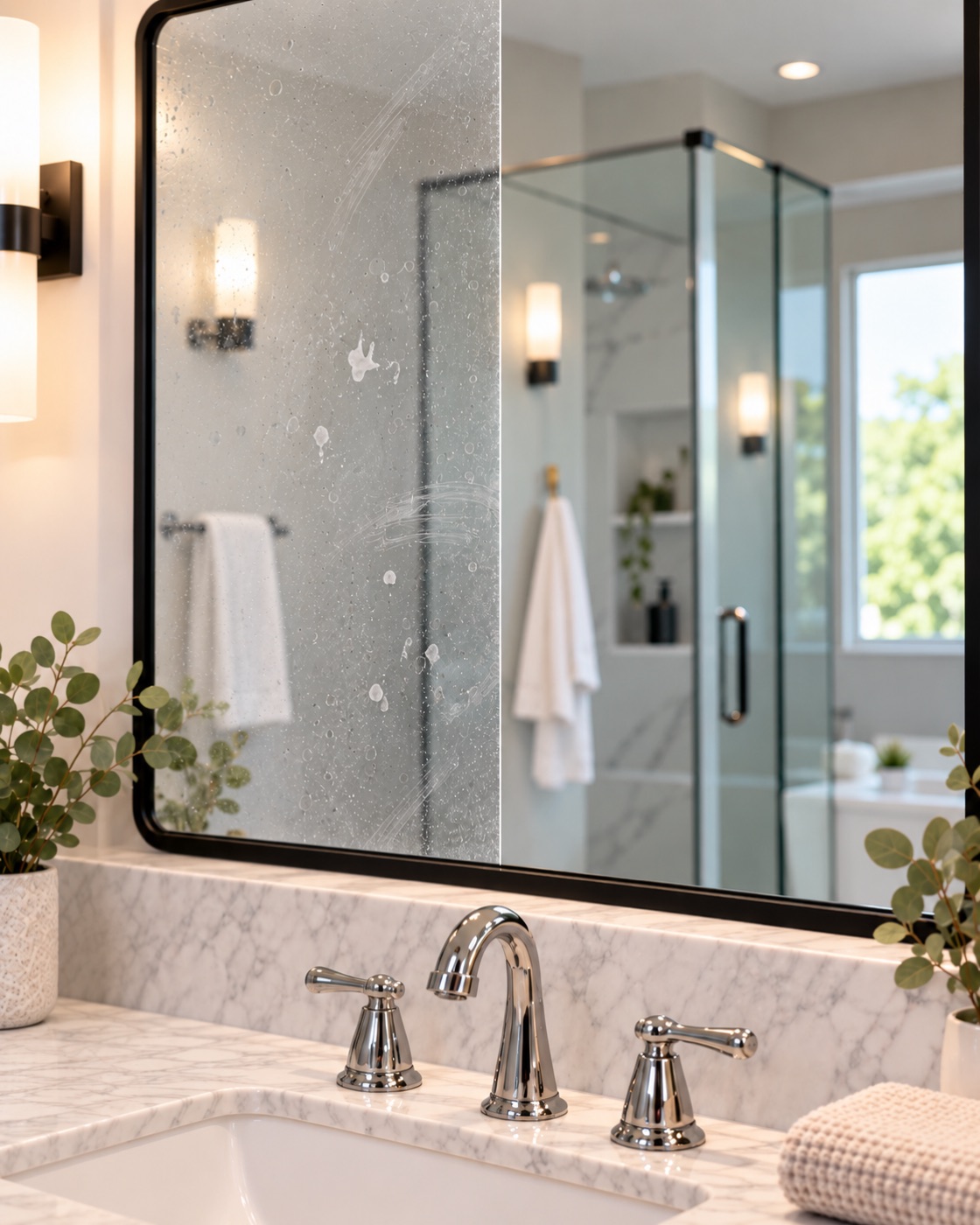 A bathroom mirror split down the middle: water-spotted and streaked on the left, perfectly clear on the right.