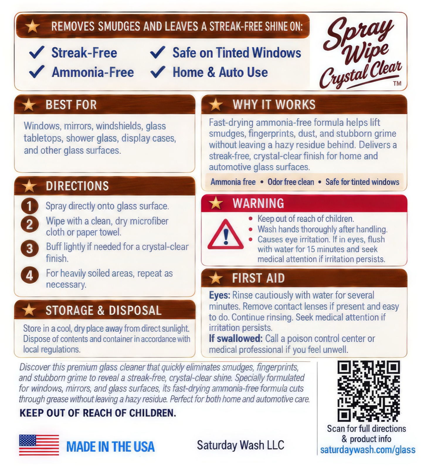 Back label of Saturday Glass, showing directions, warnings, and first aid.