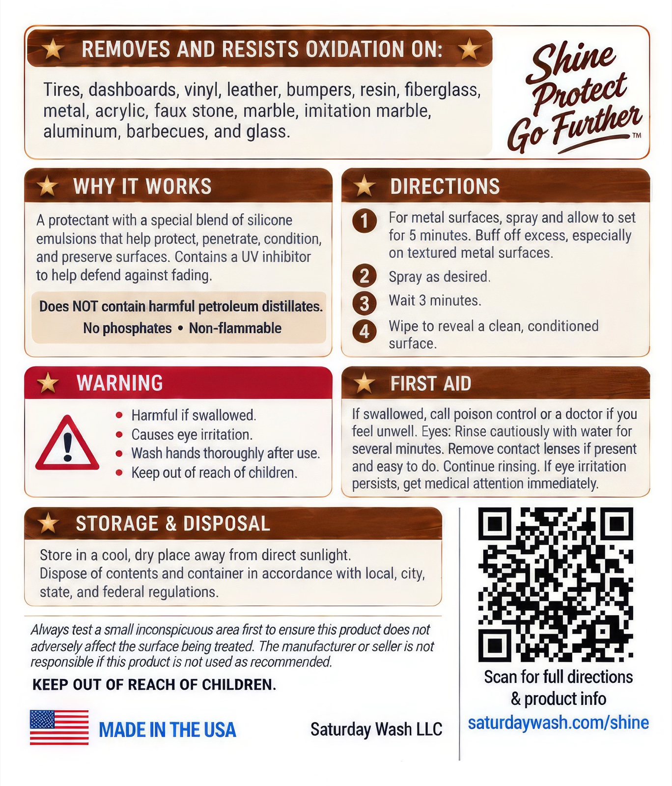 Back label of Saturday Shine, showing directions, warnings, and first aid.